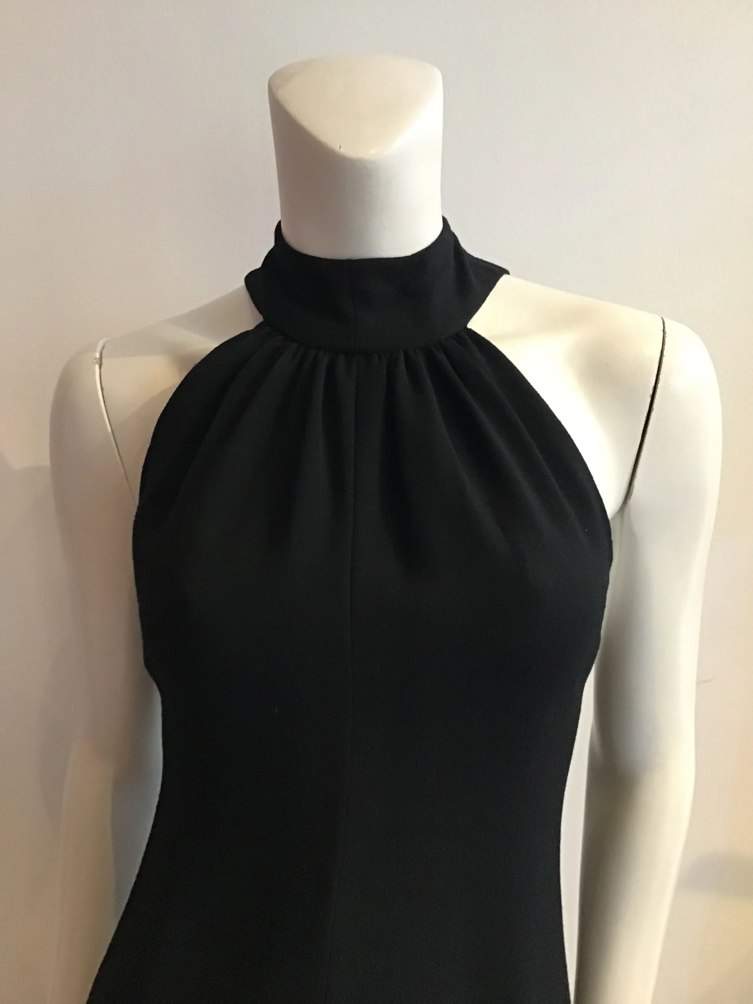 1960s Donald Brooks Black Wool blend Crepe Gown with Overlay Capelet -Size 6