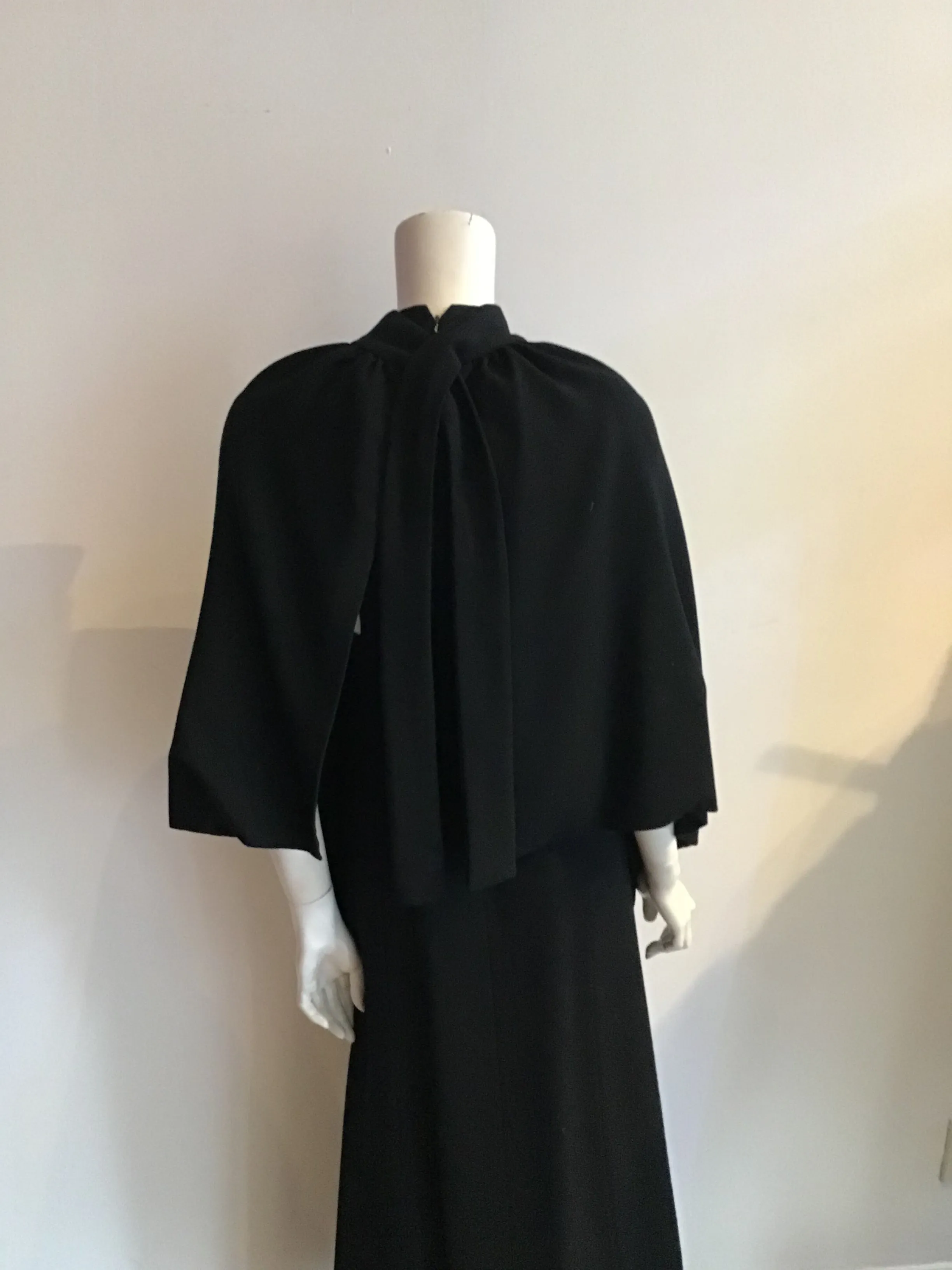1960s Donald Brooks Black Wool blend Crepe Gown with Overlay Capelet -Size 6