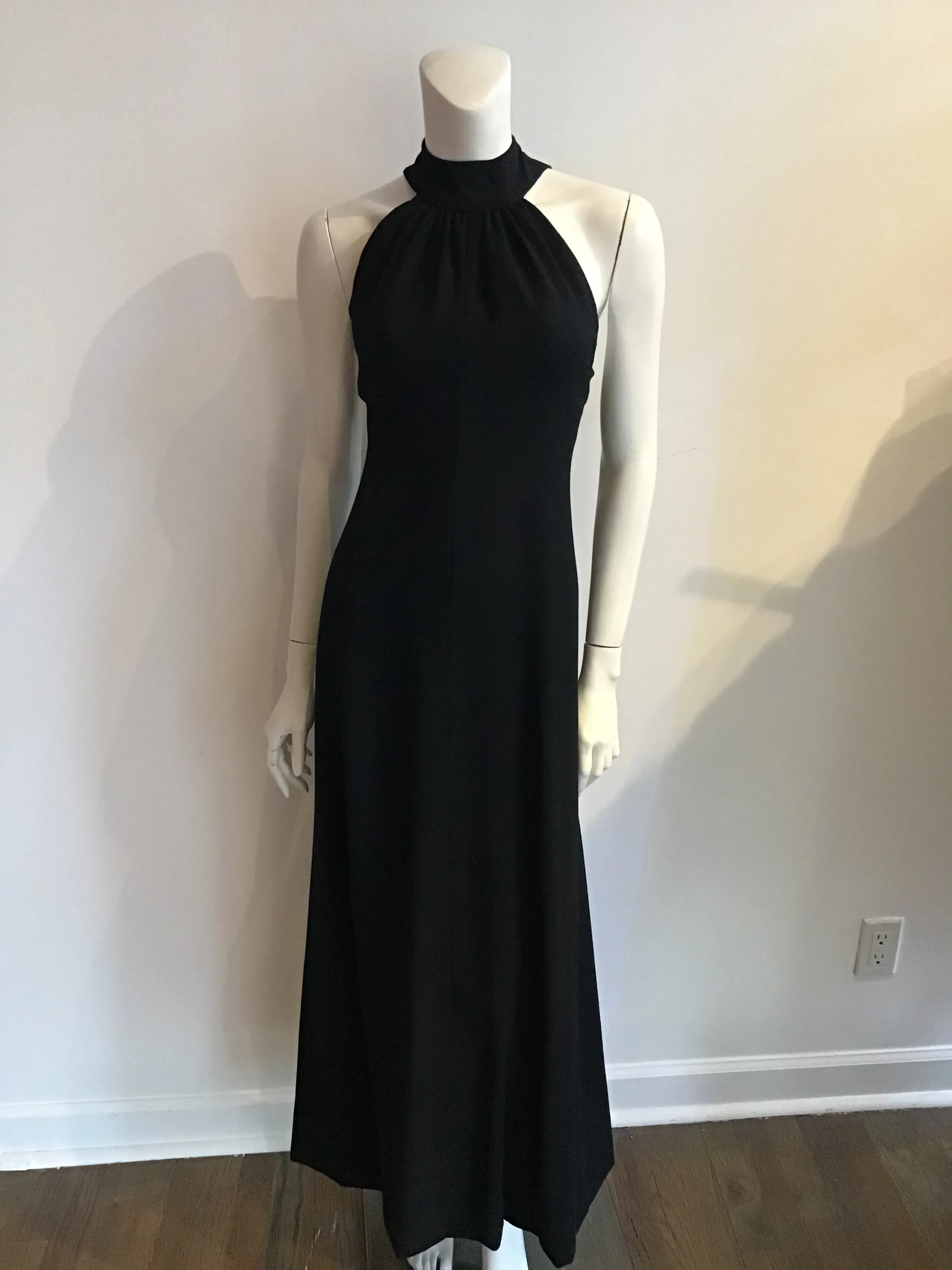 1960s Donald Brooks Black Wool blend Crepe Gown with Overlay Capelet -Size 6