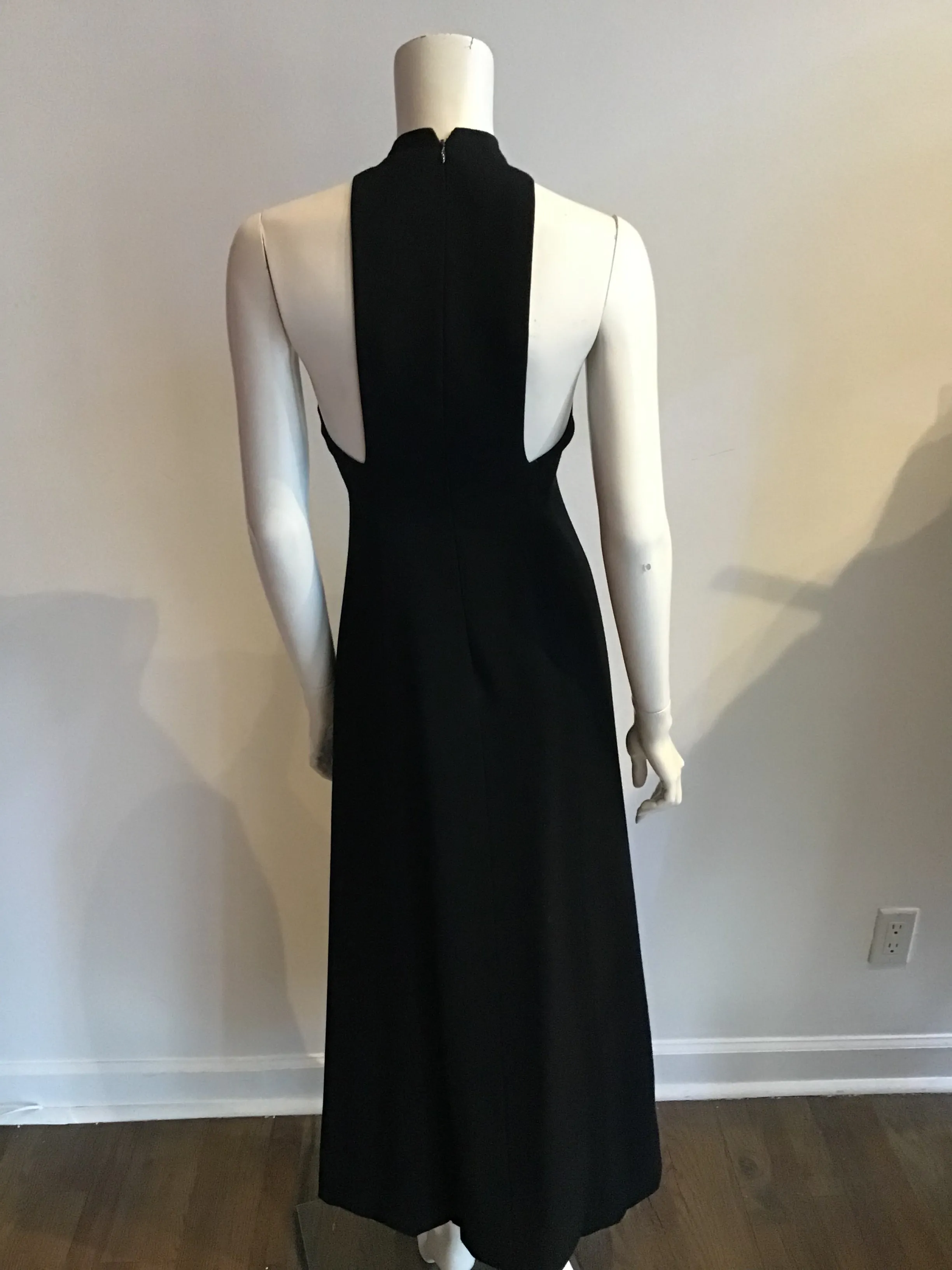1960s Donald Brooks Black Wool blend Crepe Gown with Overlay Capelet -Size 6