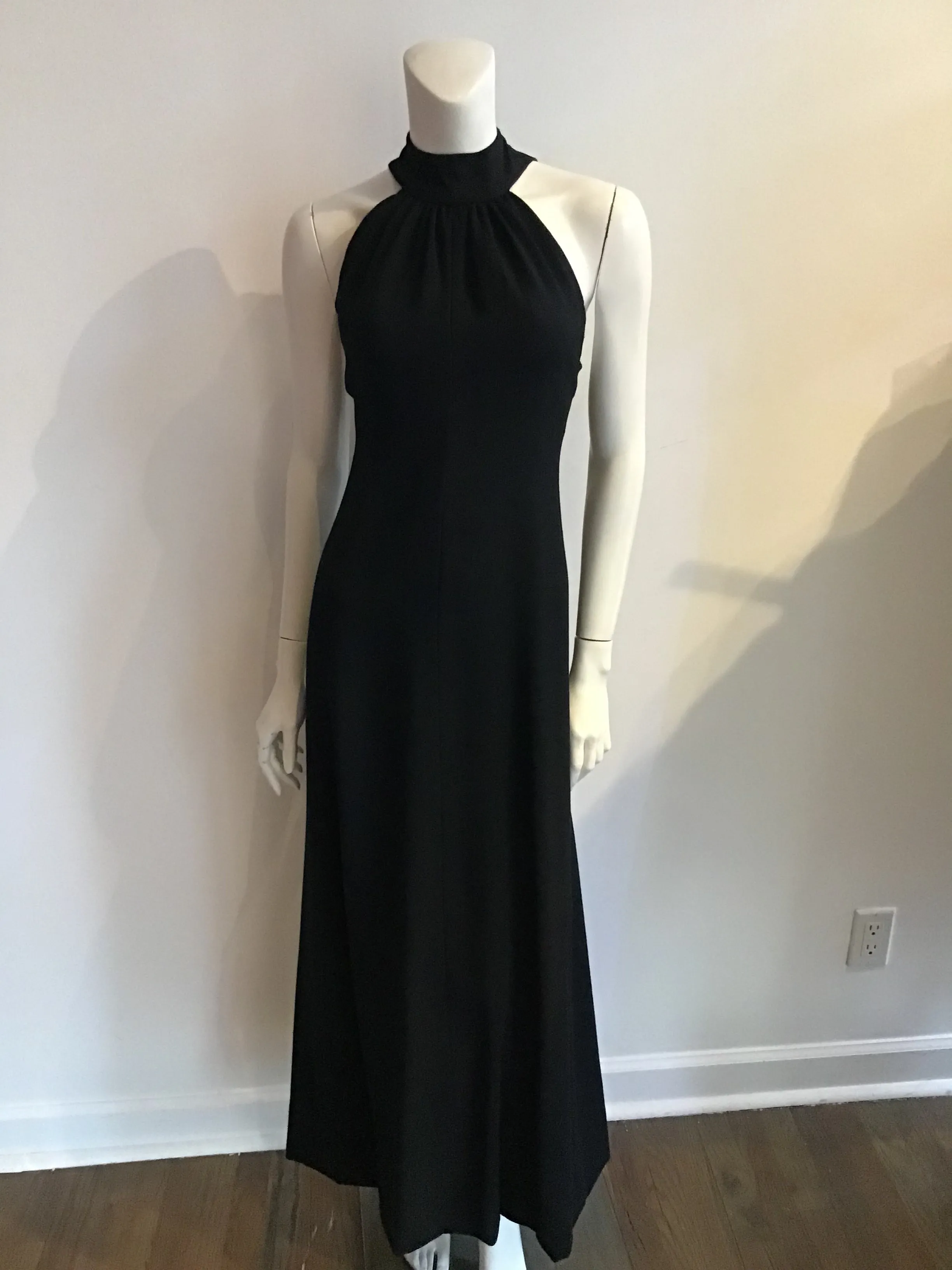1960s Donald Brooks Black Wool blend Crepe Gown with Overlay Capelet -Size 6