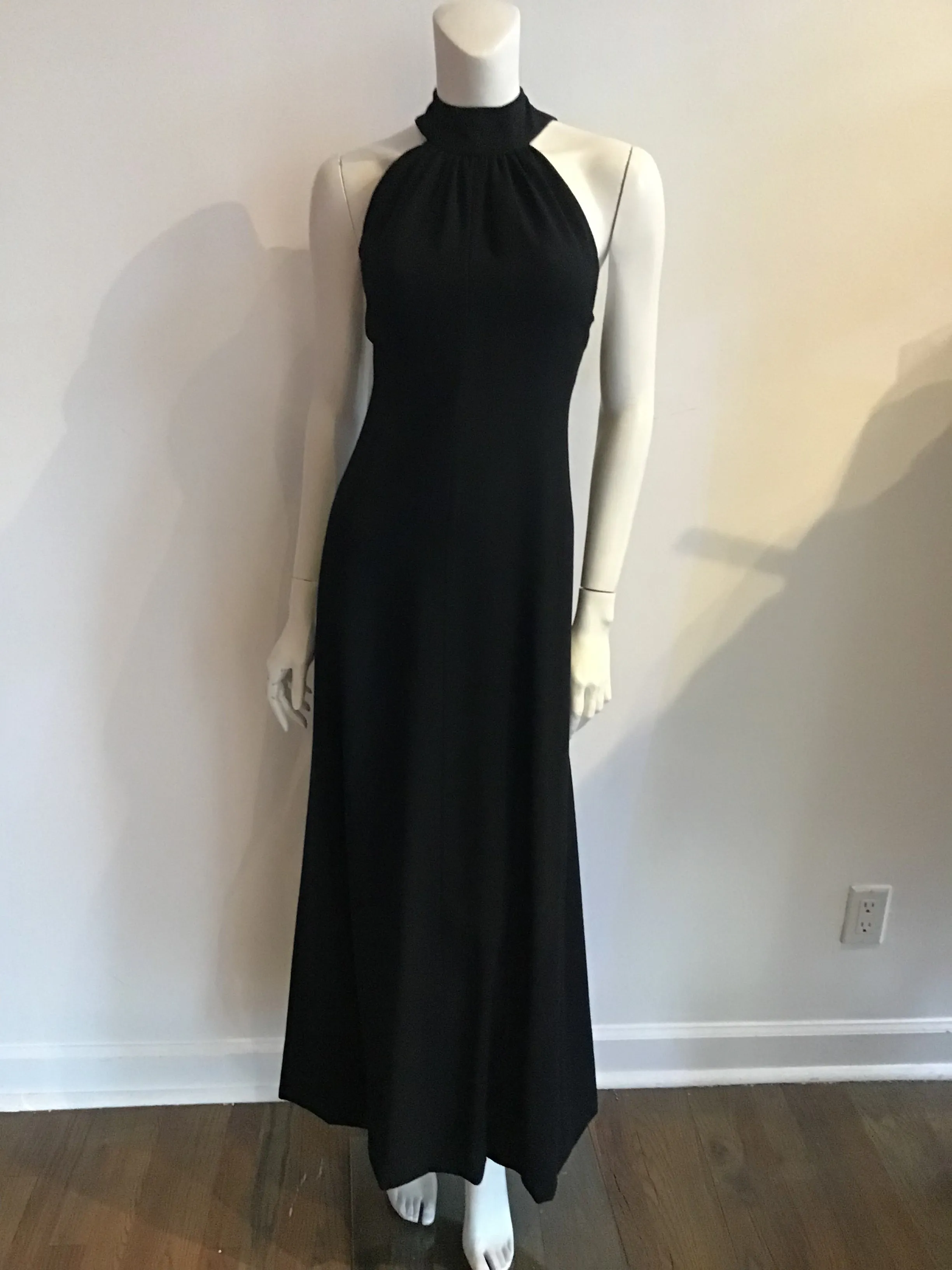 1960s Donald Brooks Black Wool blend Crepe Gown with Overlay Capelet -Size 6