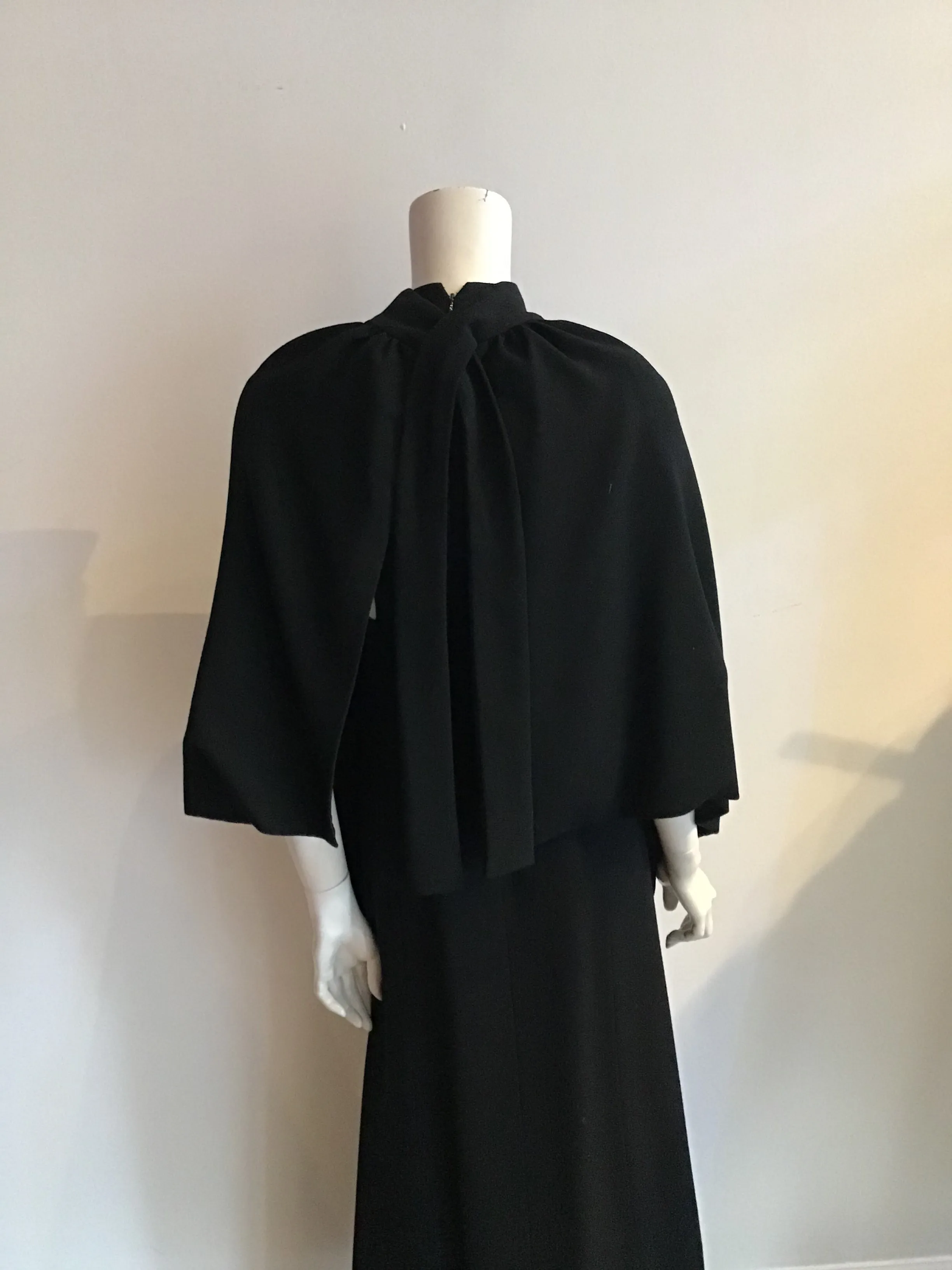 1960s Donald Brooks Black Wool blend Crepe Gown with Overlay Capelet -Size 6