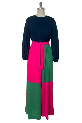 1960s Vintage Colorblock Navy, Pink, and Green Nylon Jumpsuit by Gossard Artemis, Small to Medium