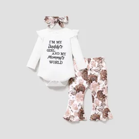 3pcs Baby Letter Embroidered Ribbed Long-sleeve Romper and Sunflower Floral Print Bell Bottom Pants Set