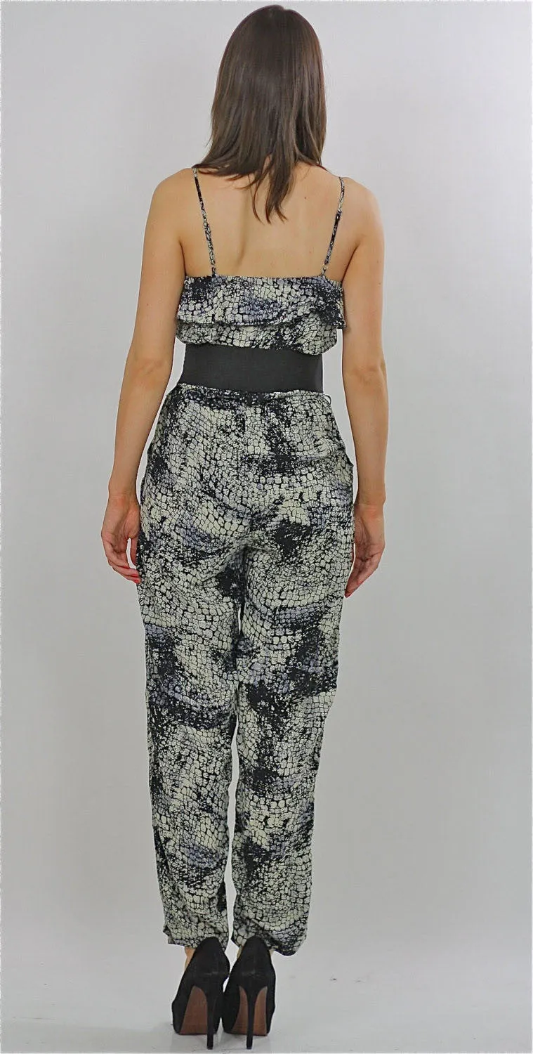 80s Boho jumpsuit Snake print Disco party romper