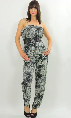 80s Boho jumpsuit Snake print Disco party romper