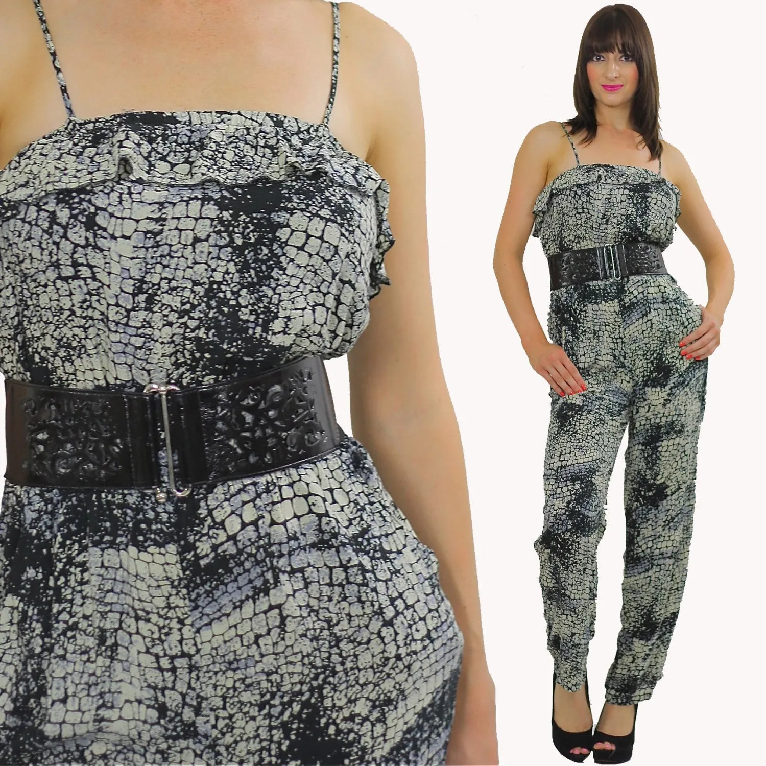 80s Boho jumpsuit Snake print Disco party romper