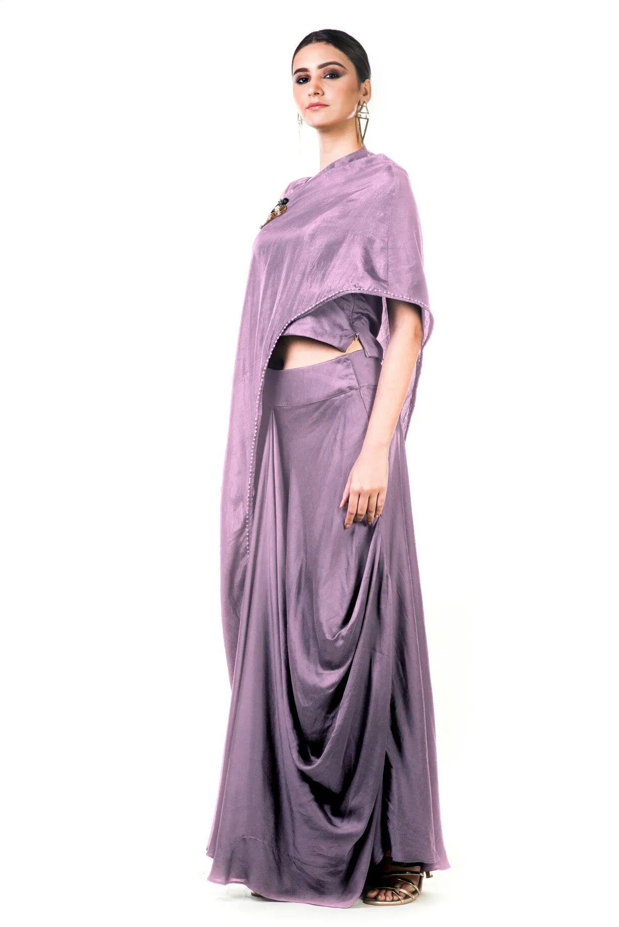 Anushree Agarwal Mauve Draped Gown with Cape Dupatta
