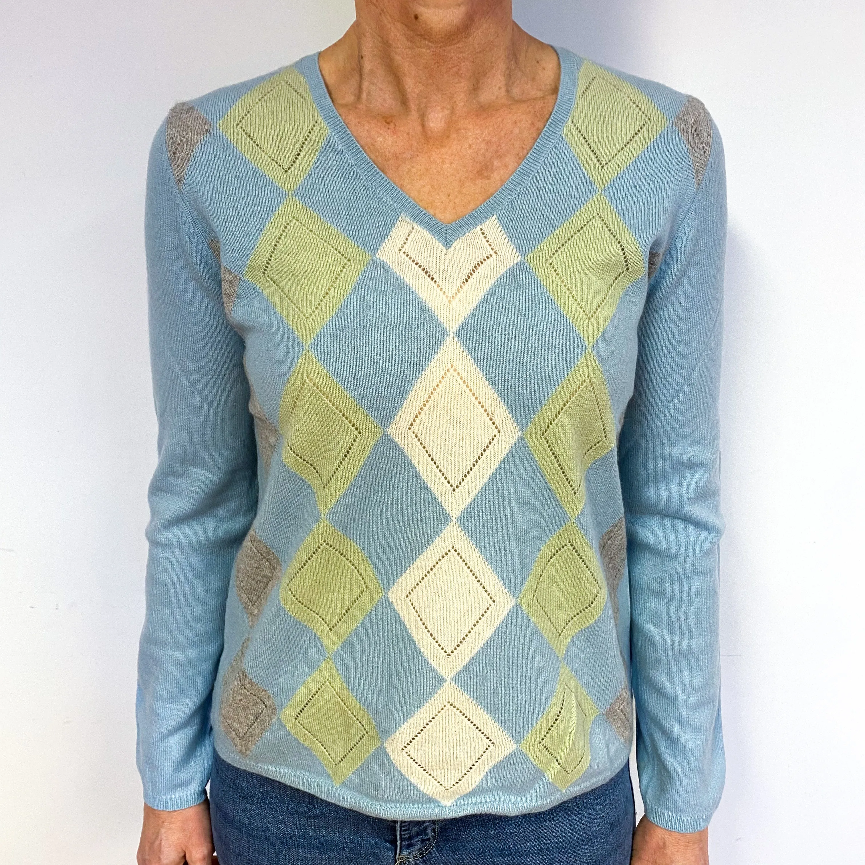 Argyle Baby Blue Cashmere V-Neck Jumper Medium