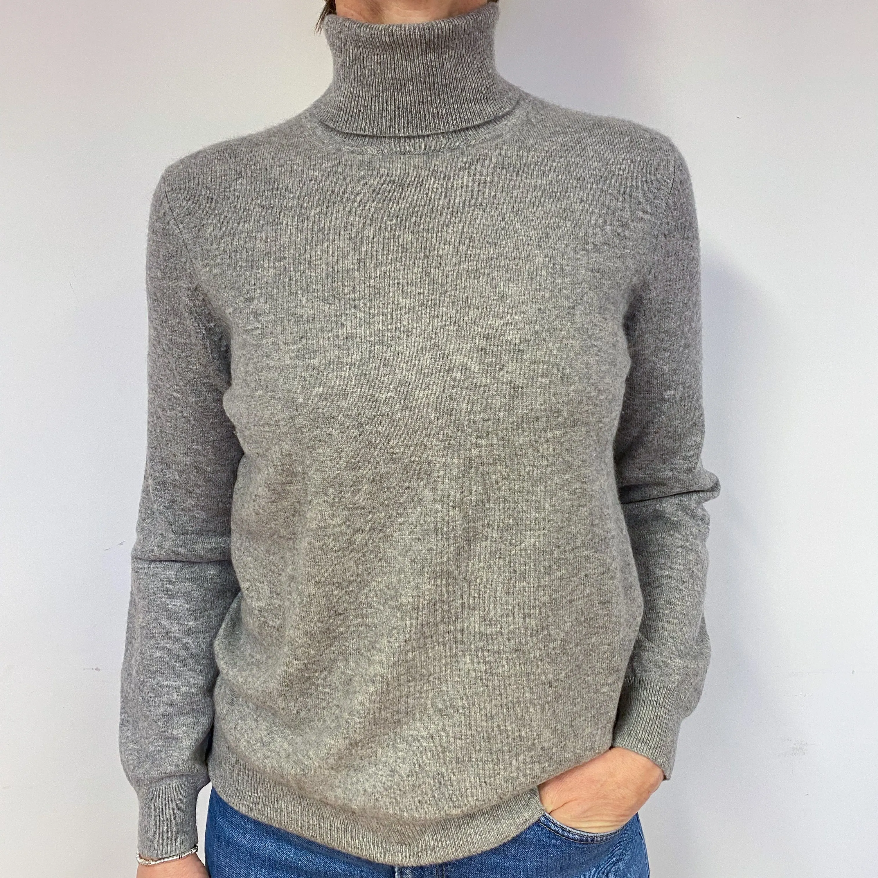 Ash Grey Cashmere Polo Neck Jumper Medium