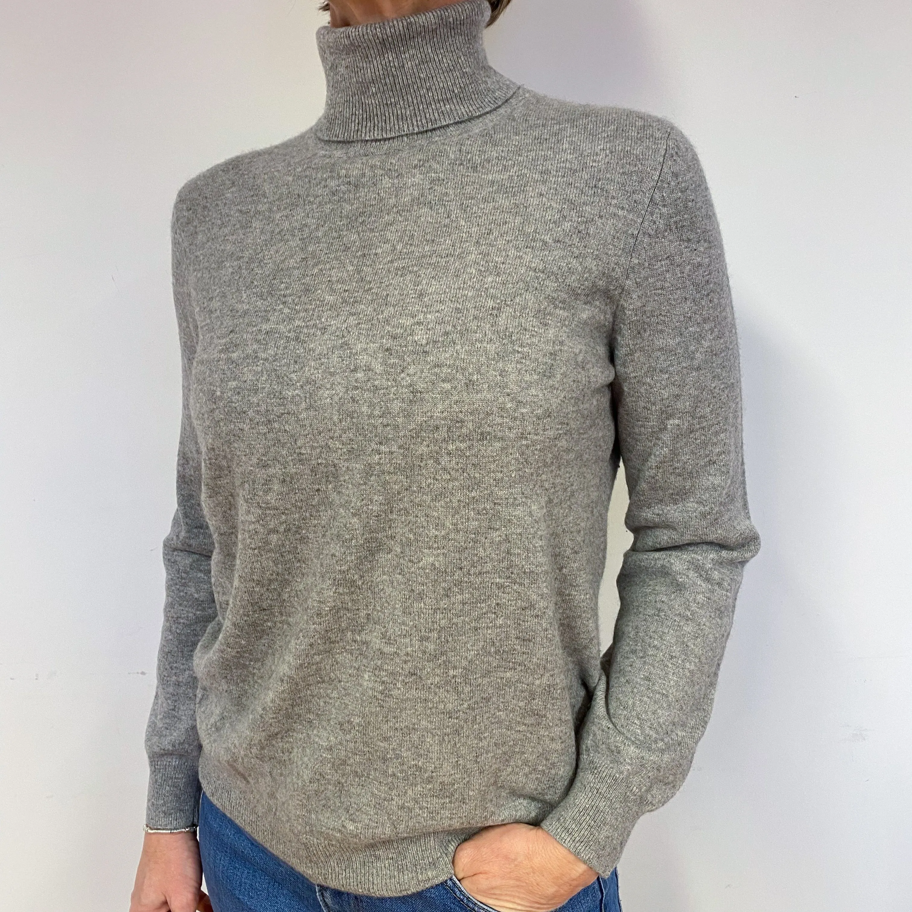 Ash Grey Cashmere Polo Neck Jumper Medium