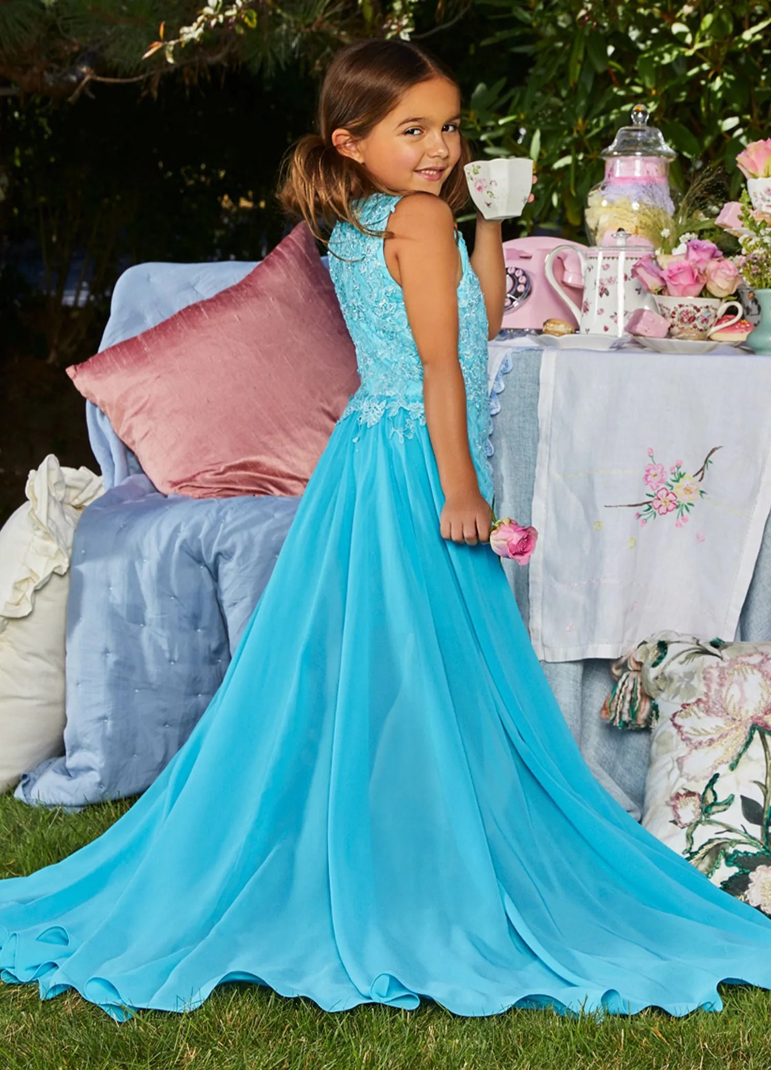 Ashley Lauren Kids 8055 size 12 Lilac Kids Lace Applique Romper with Detachable Overskirt Pageant Wear