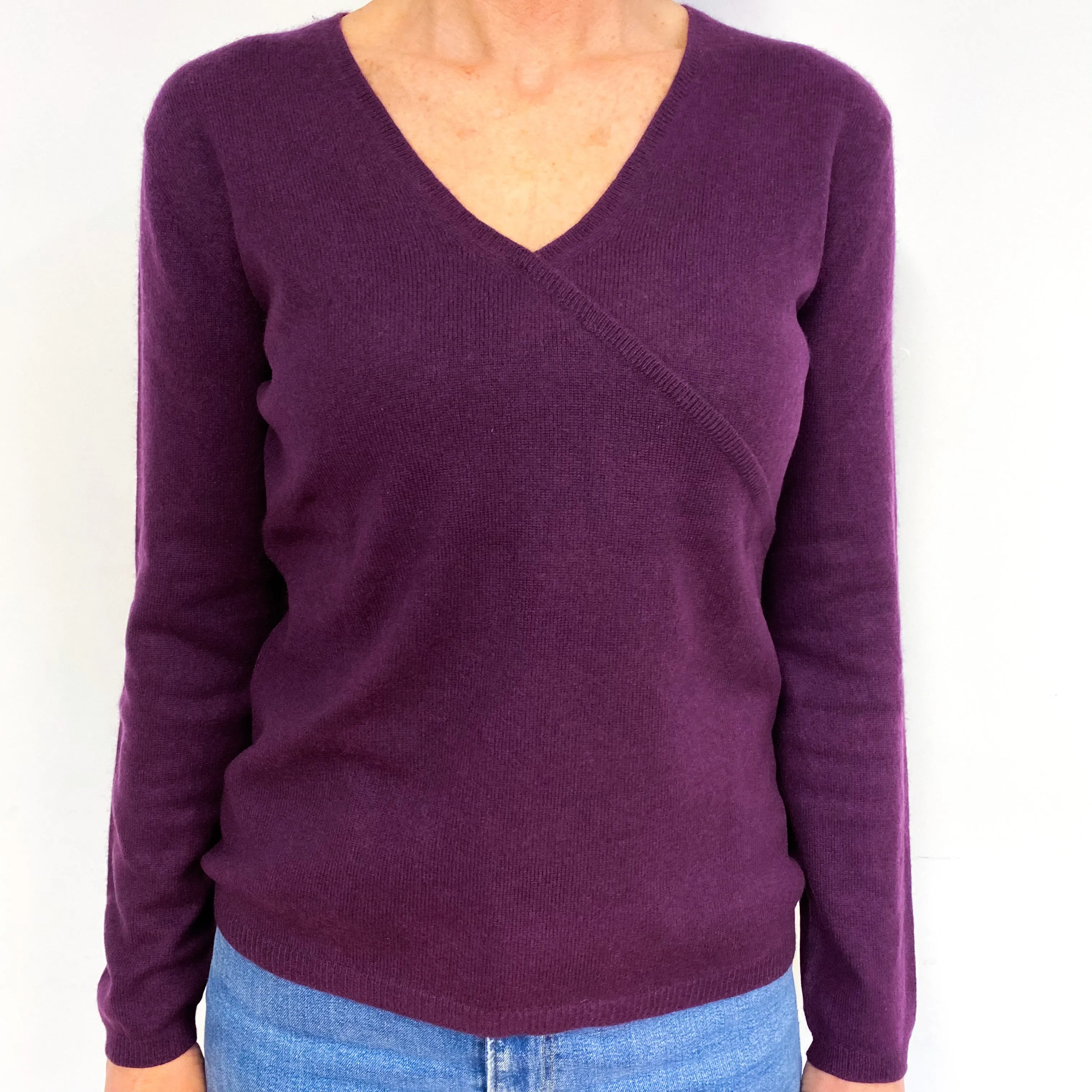 Aubergine Purple Cashmere V-Neck Jumper Medium