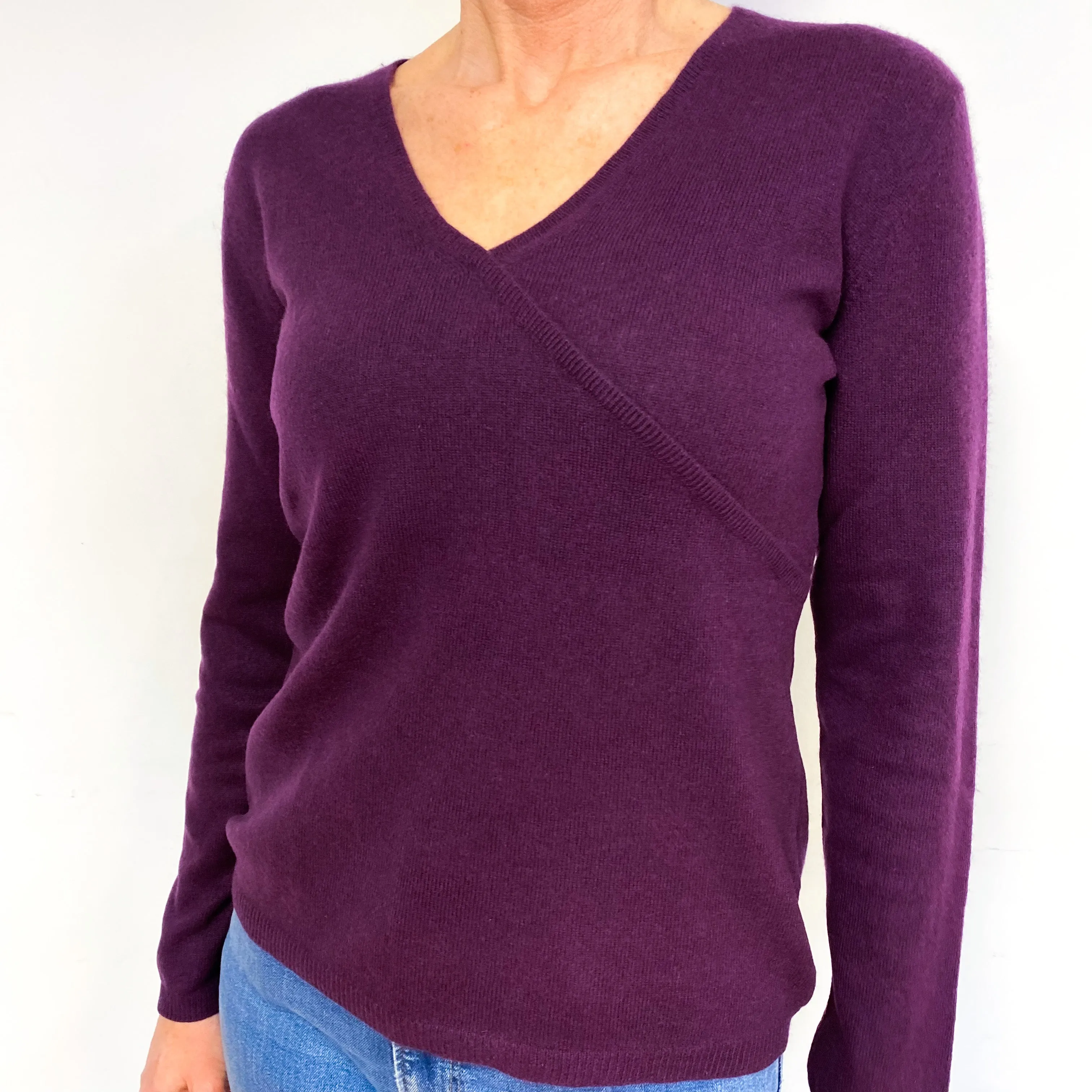 Aubergine Purple Cashmere V-Neck Jumper Medium