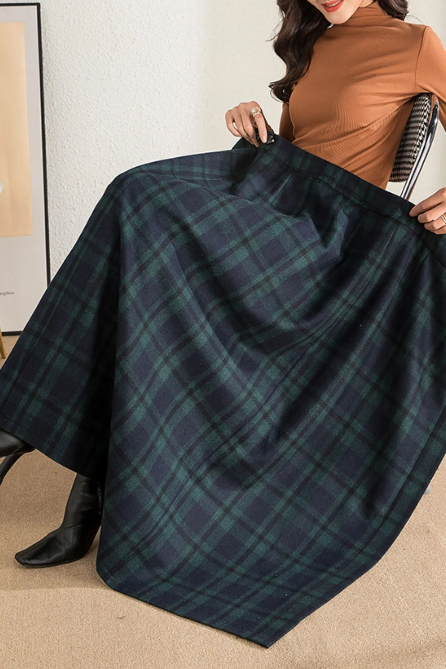 autumn and winter plaid one-piece wool skirt C4275
