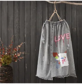 AUTUMN DENIM MIDI SKIRT WITH MIXED PATCHES IN GREY