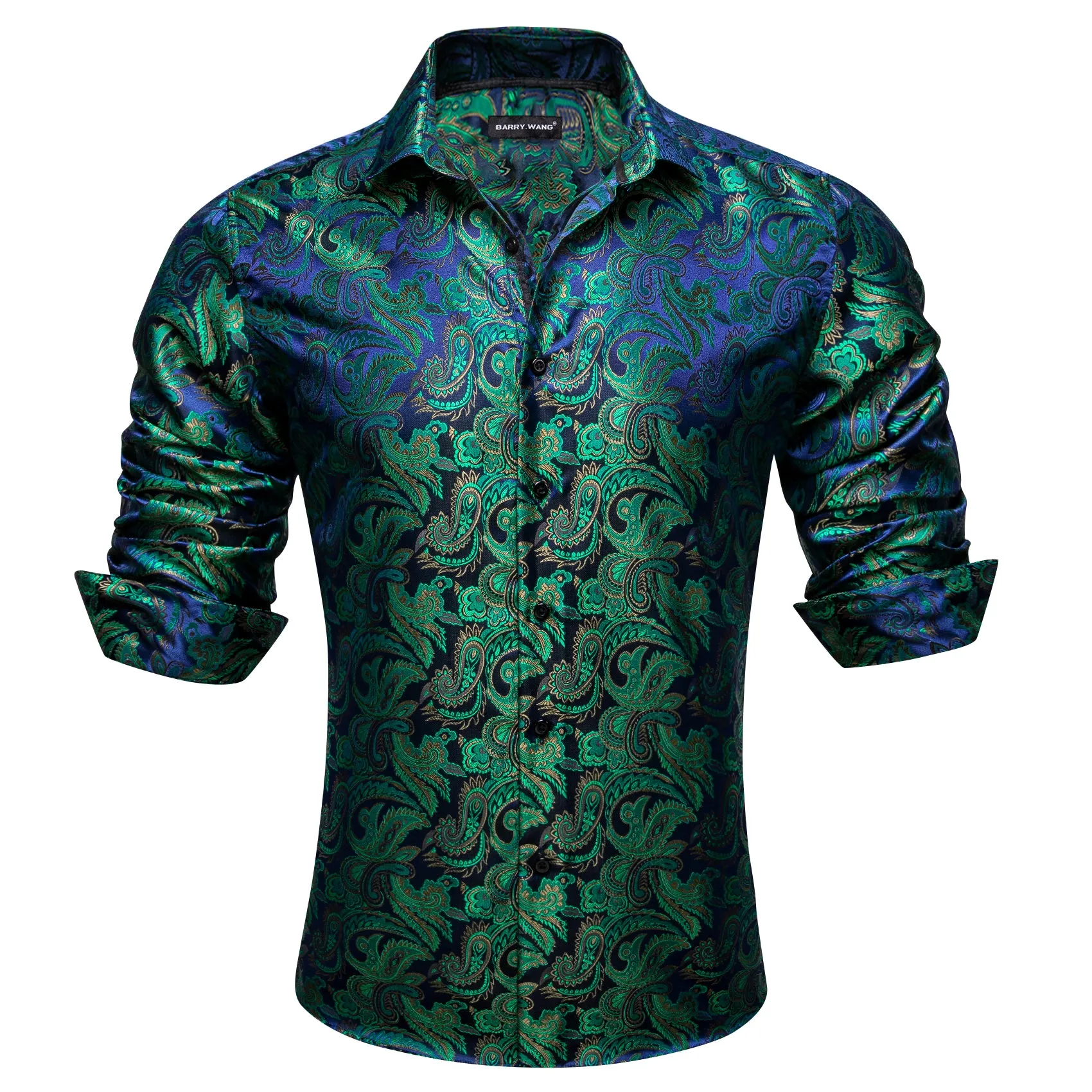 Barry Wang Dress Up Shirts for Guys Dark Green Blue Paisley Shirt
