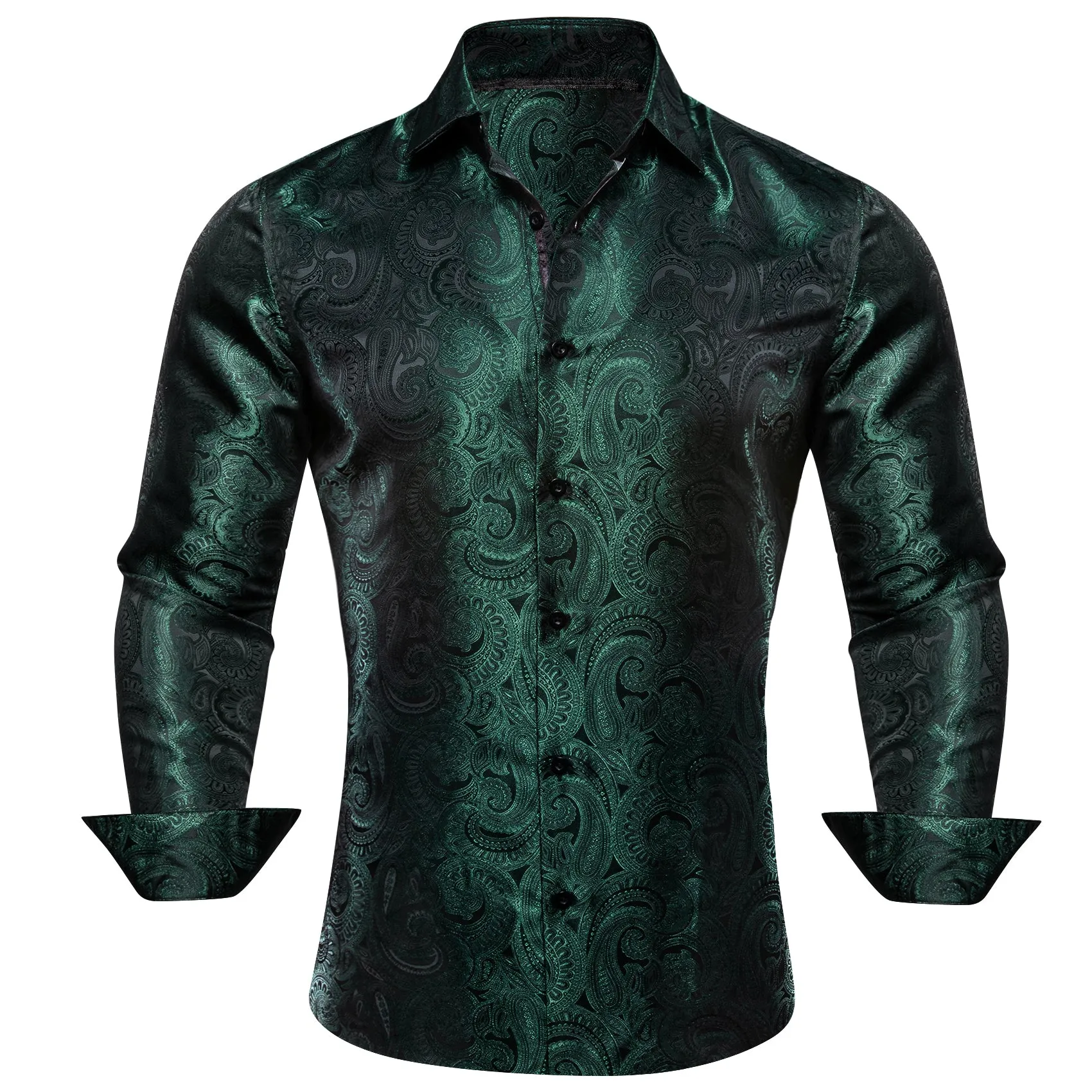 Barry Wang Green Shirt Blackish Green Paisley Silk Men's Shirt