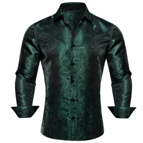 Barry Wang Green Shirt Blackish Green Paisley Silk Men's Shirt
