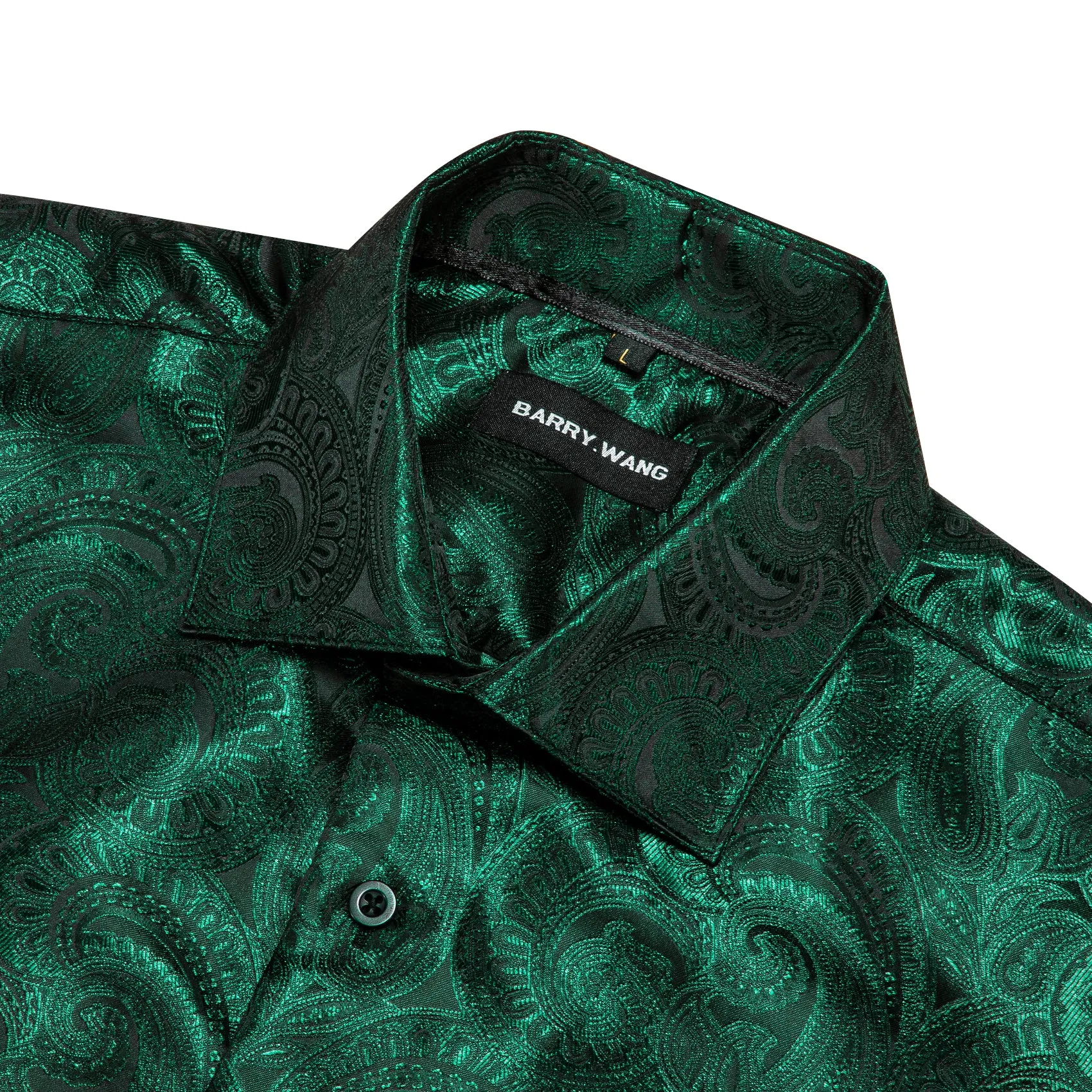 Barry Wang Green Shirt Blackish Green Paisley Silk Men's Shirt