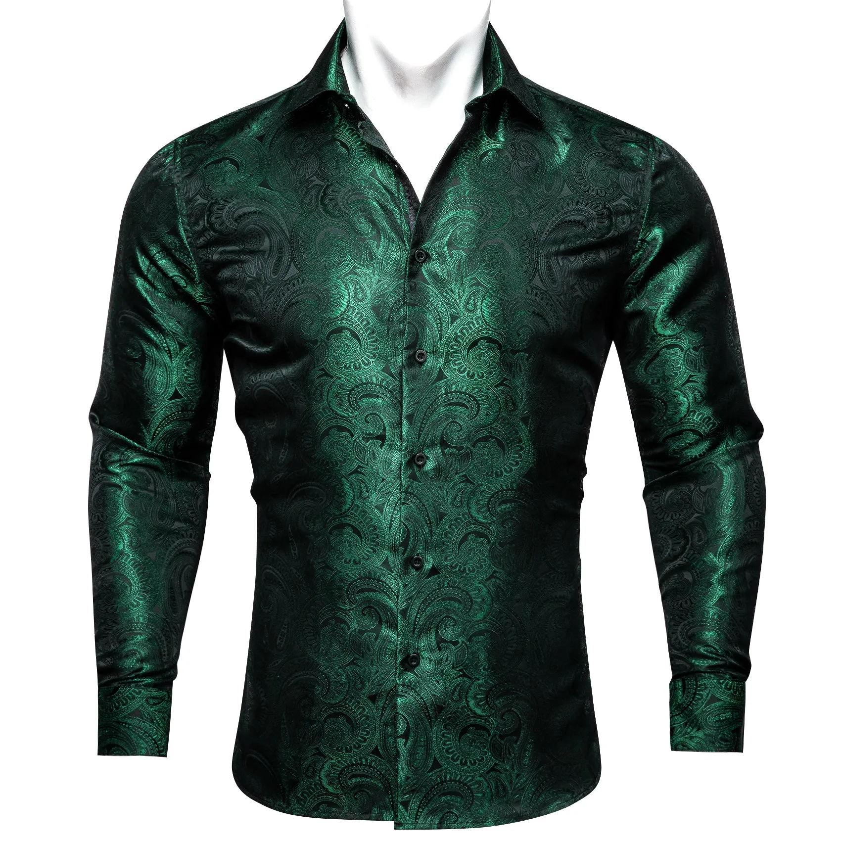Barry Wang Green Shirt Blackish Green Paisley Silk Men's Shirt