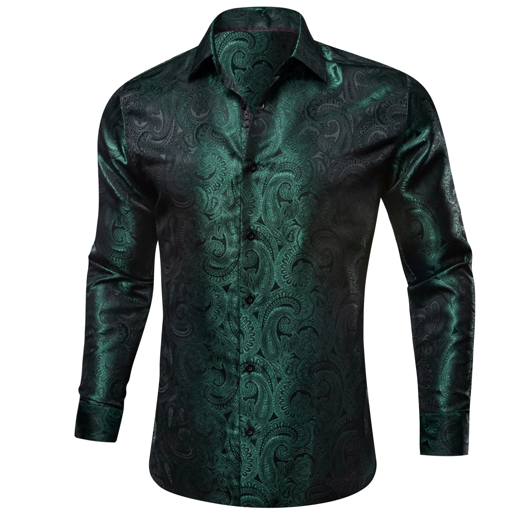 Barry Wang Green Shirt Blackish Green Paisley Silk Men's Shirt