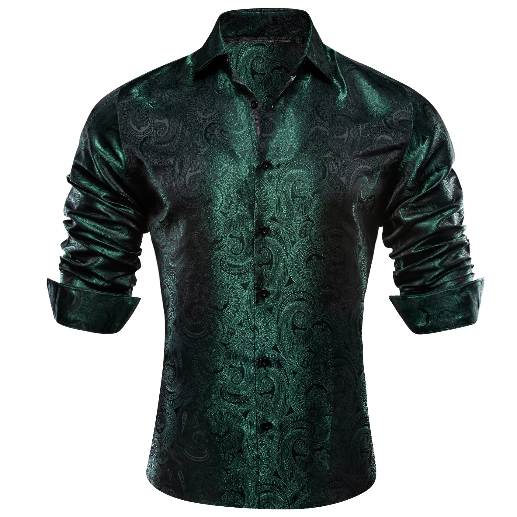 Barry Wang Green Shirt Blackish Green Paisley Silk Men's Shirt