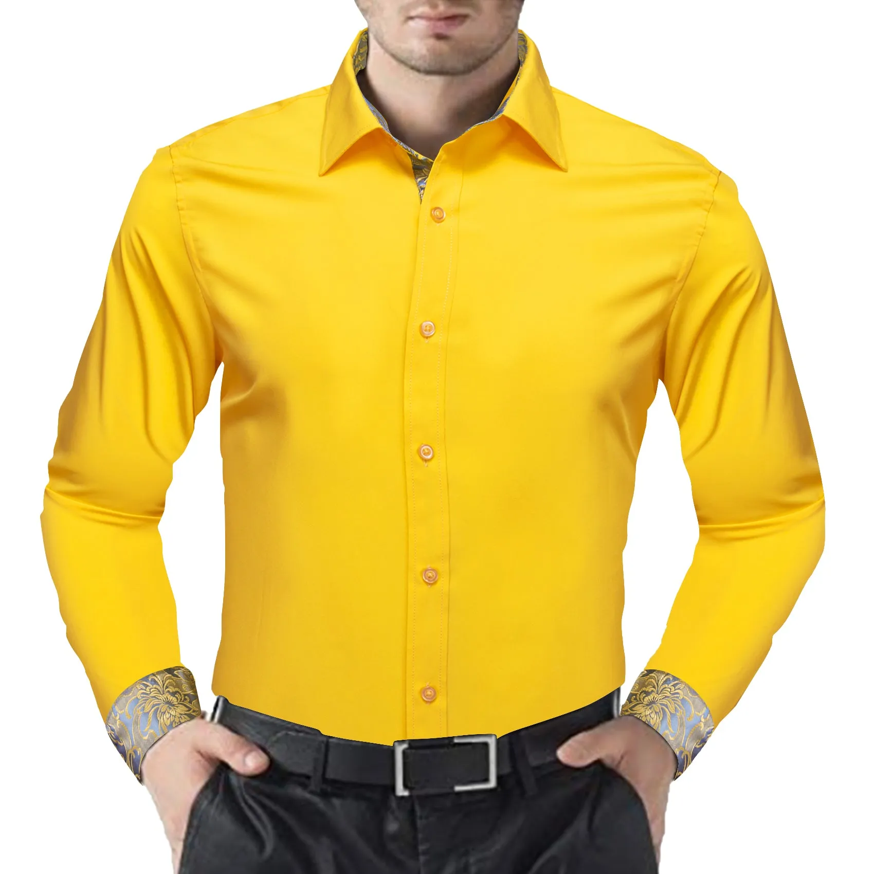 Barry.Wang Formal Yellow Blue Splicing Men's Business Button Up Shirt