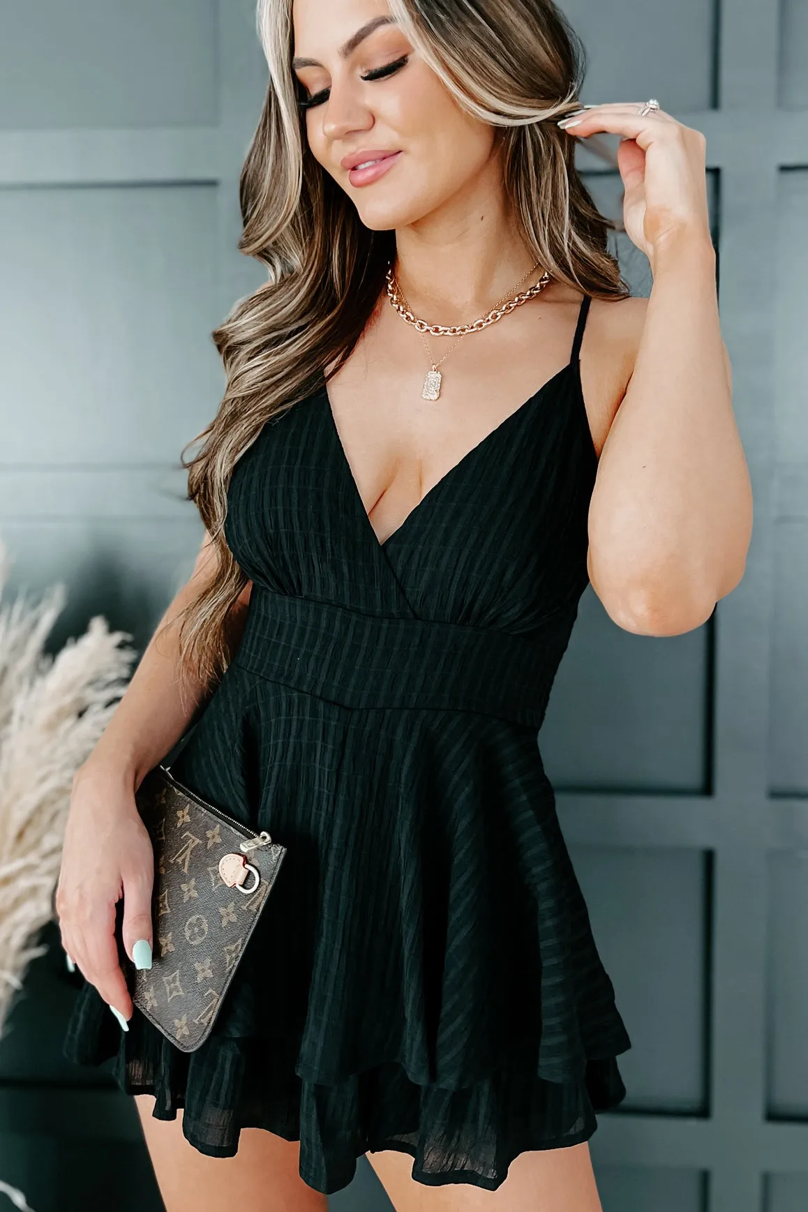 Beauty With Ease Textured Ruffle Romper (Black)