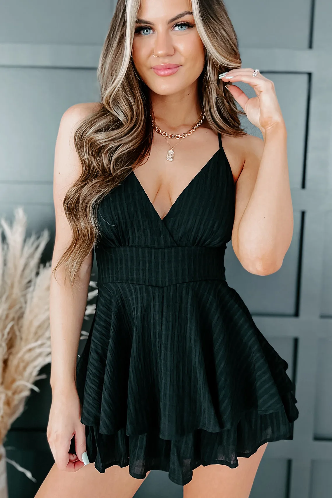 Beauty With Ease Textured Ruffle Romper (Black)
