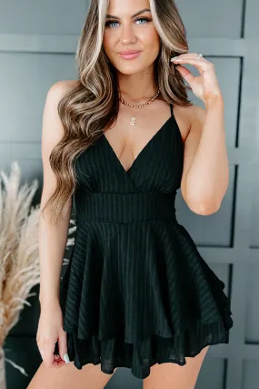 Beauty With Ease Textured Ruffle Romper (Black)