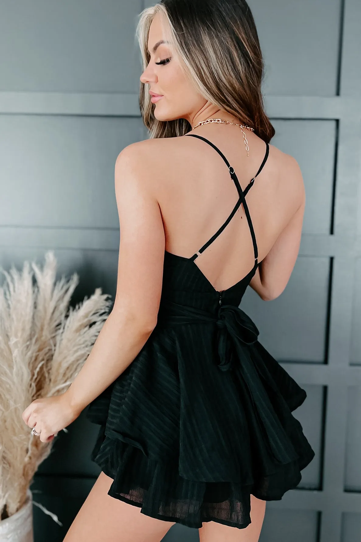 Beauty With Ease Textured Ruffle Romper (Black)