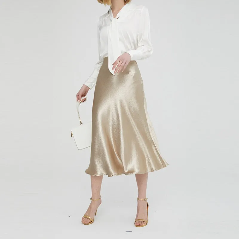 Bella Textured Satin Midi Skirt - Gold