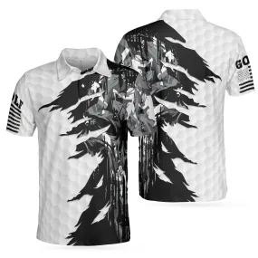 Black & White Ripped Vintage Golfing Clubs Skull Camouflage Polo Shirt, American Flag Polo Shirt, Camo Golf Shirt For Men
