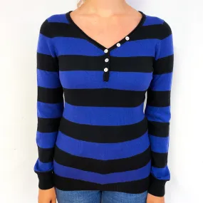 Black Blue Stripe Cashmere Buttoned V-Neck Jumper Small