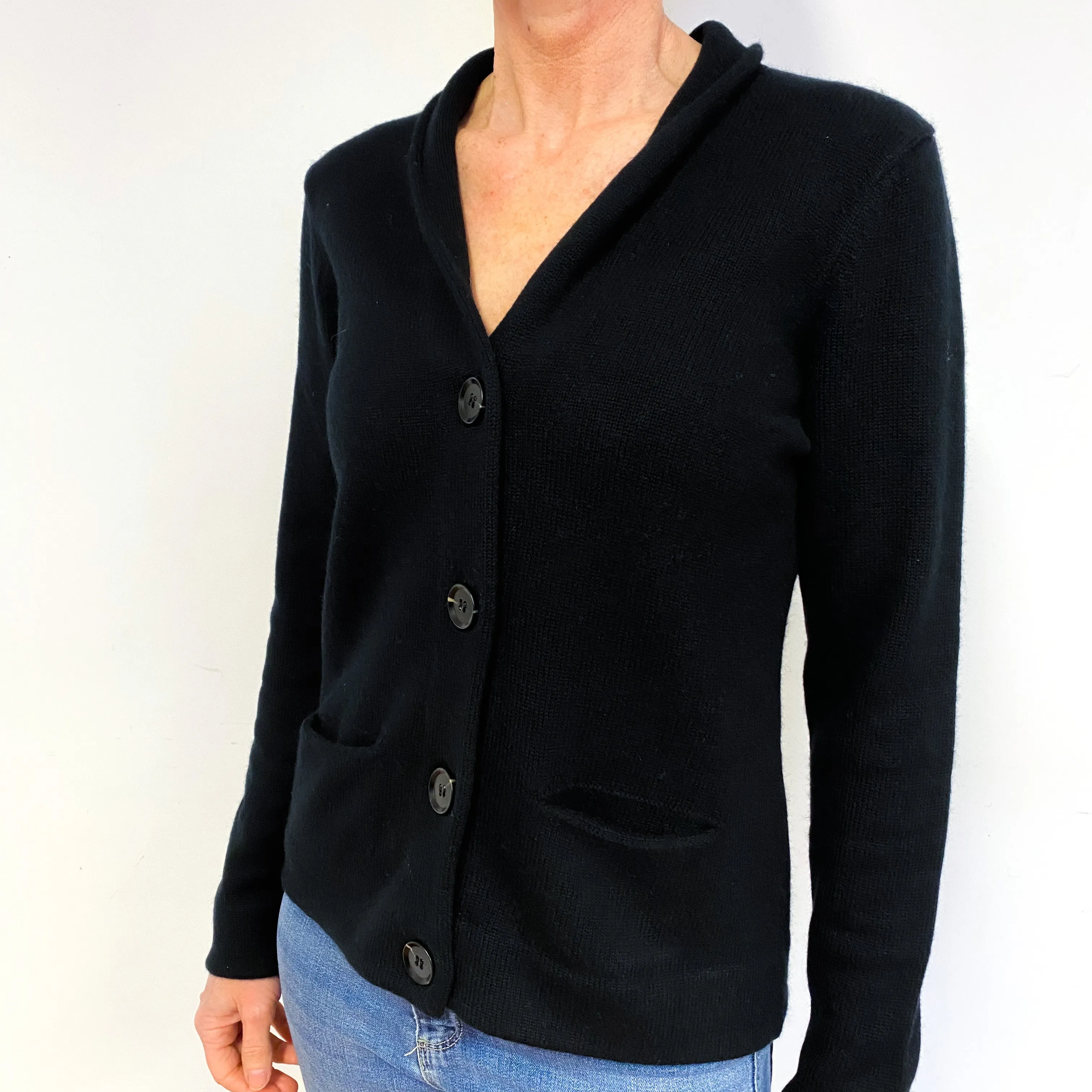 Black Cashmere Collared V-Neck Jacket with Pockets Medium