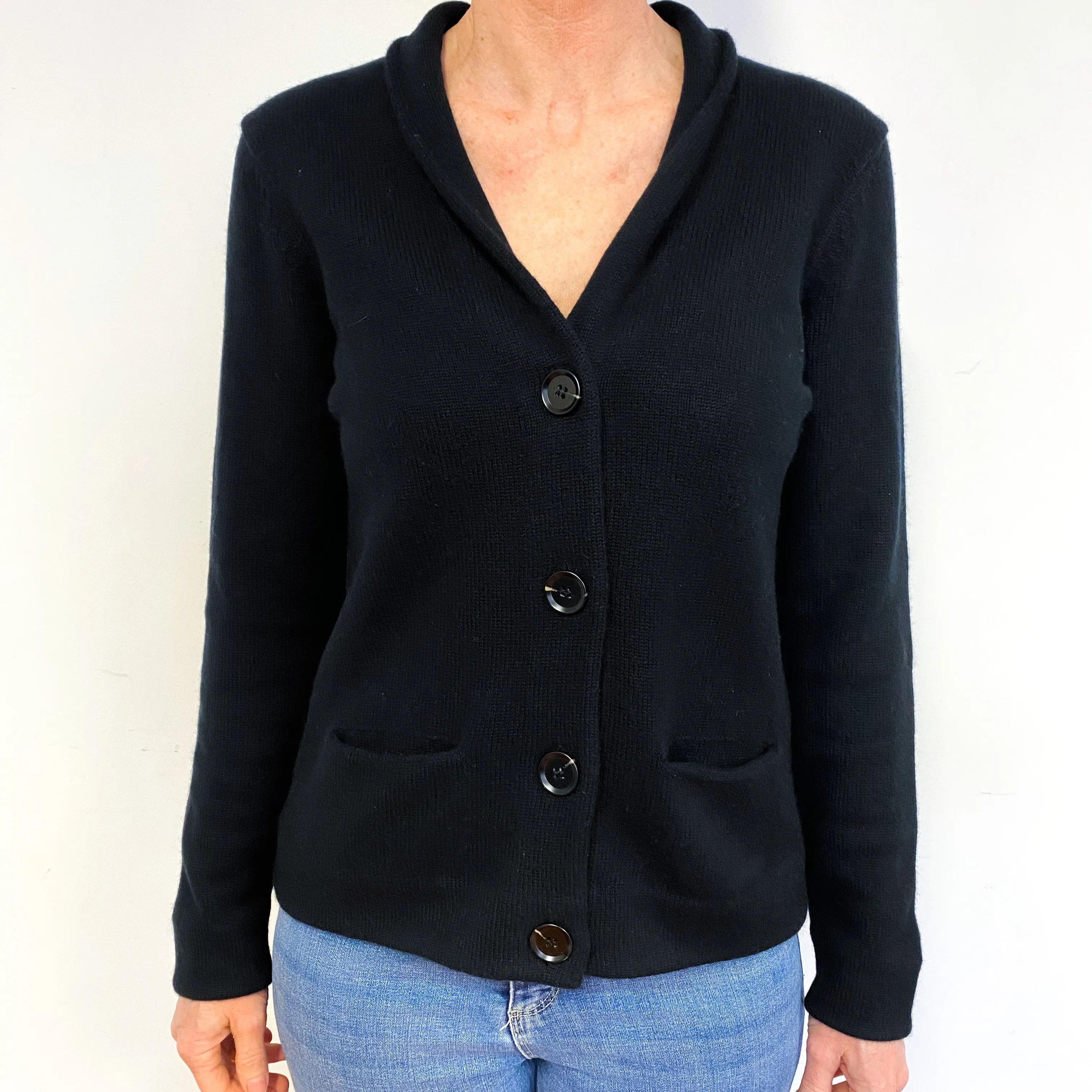 Black Cashmere Collared V-Neck Jacket with Pockets Medium