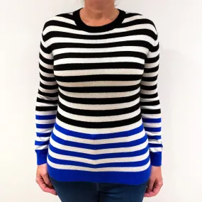 Black Cream and Blue Striped Cashmere Crew Neck Jumper Large