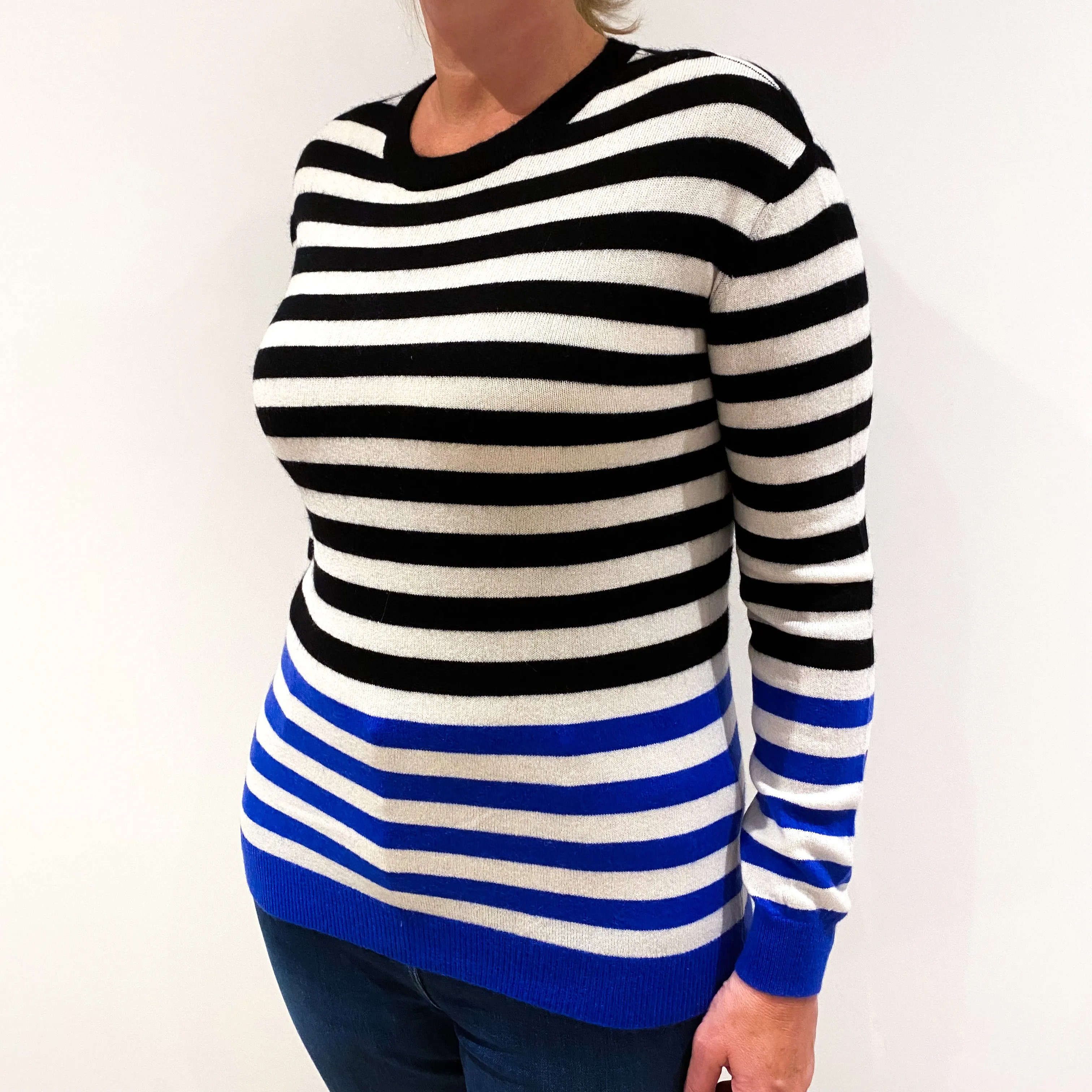 Black Cream and Blue Striped Cashmere Crew Neck Jumper Large