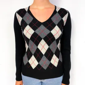 Black Grey Argyle Cashmere V-Neck Jumper