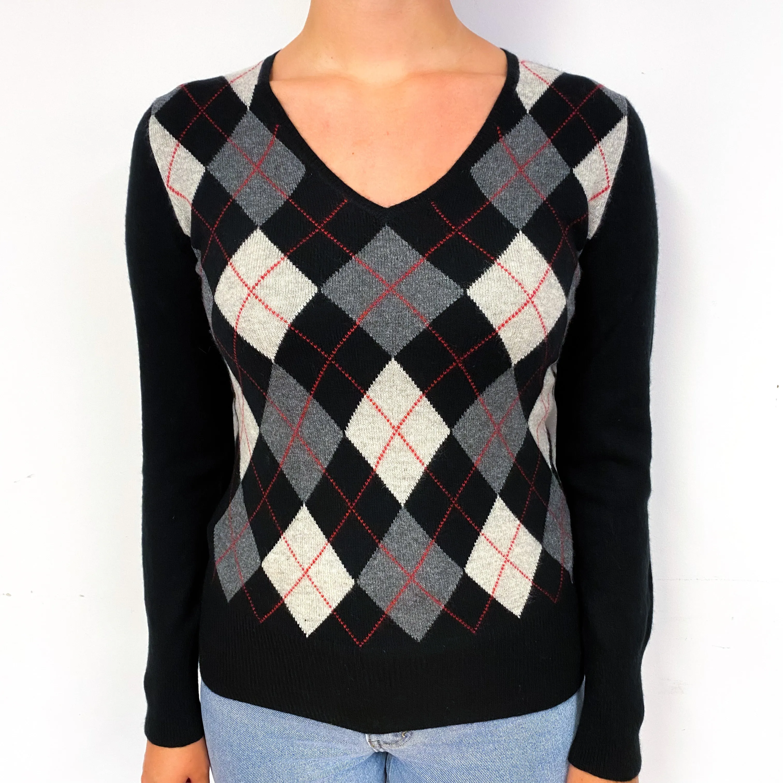 Black Grey Argyle Cashmere V-Neck Jumper