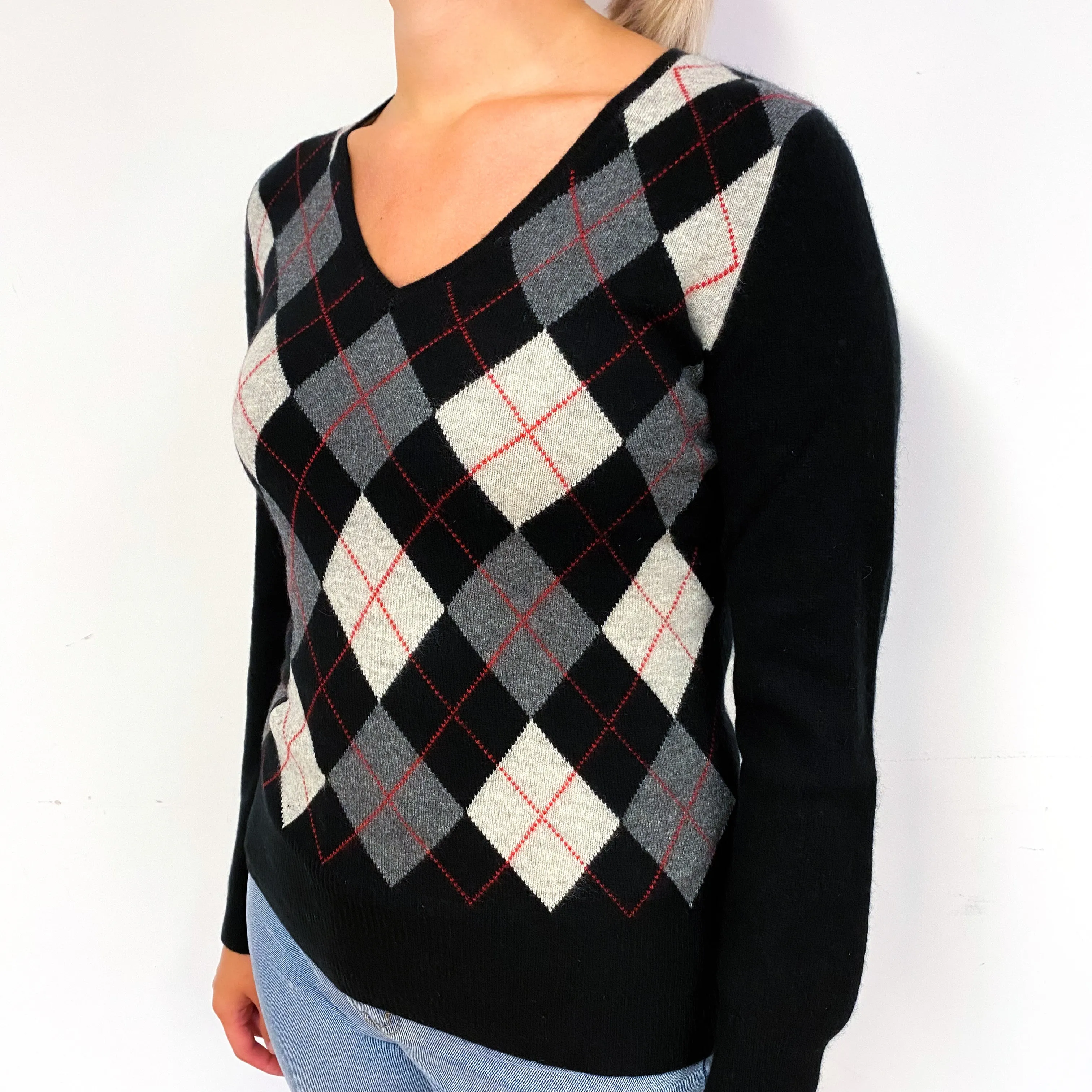 Black Grey Argyle Cashmere V-Neck Jumper