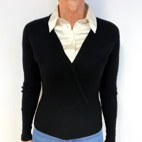 Black Mock Shirt Cashmere V-Neck Jumper Medium