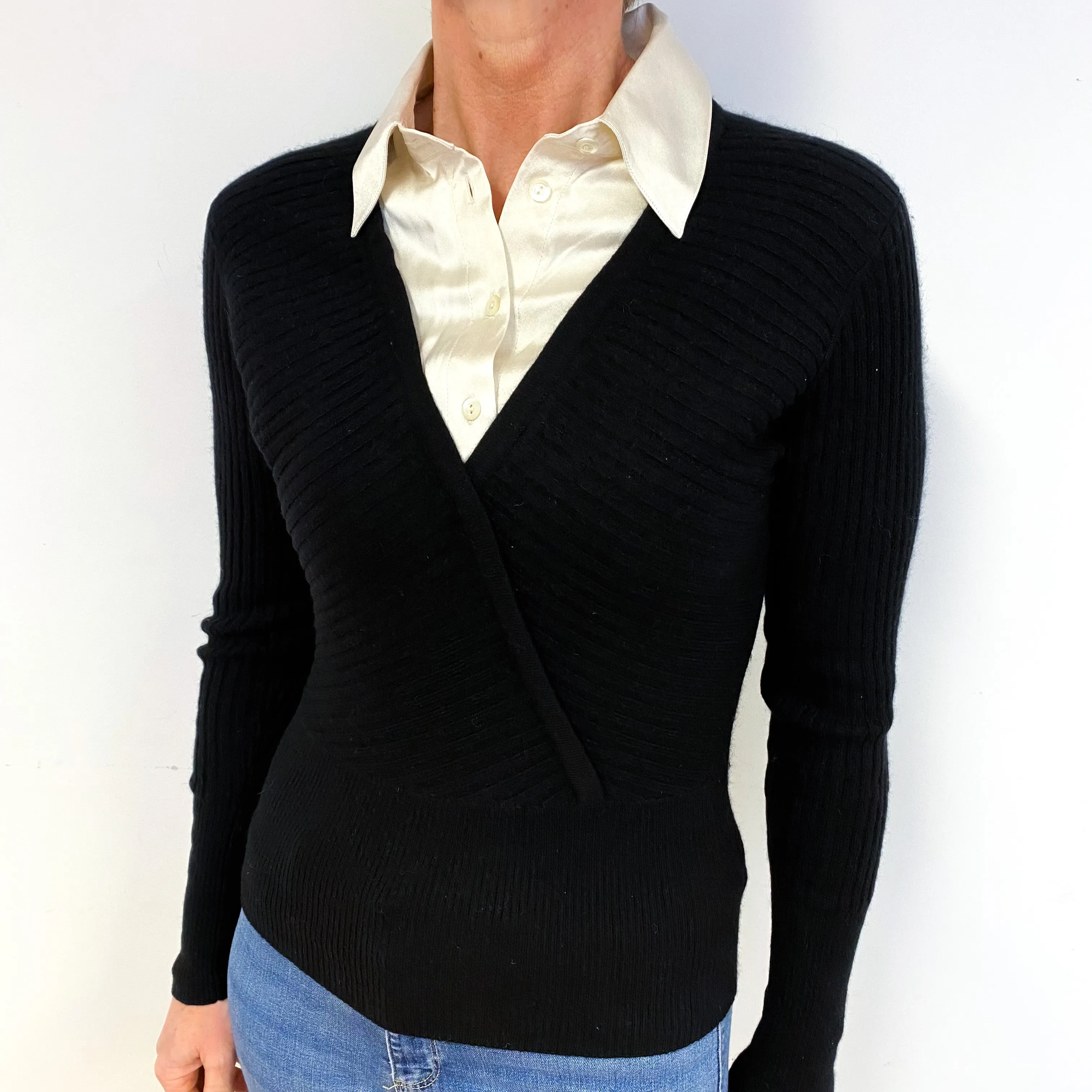 Black Mock Shirt Cashmere V-Neck Jumper Medium