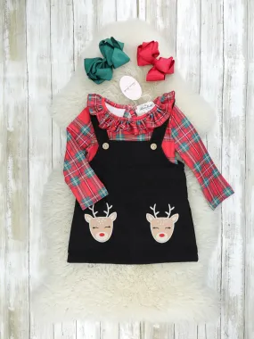 Black Reindeer Overall Dress Set