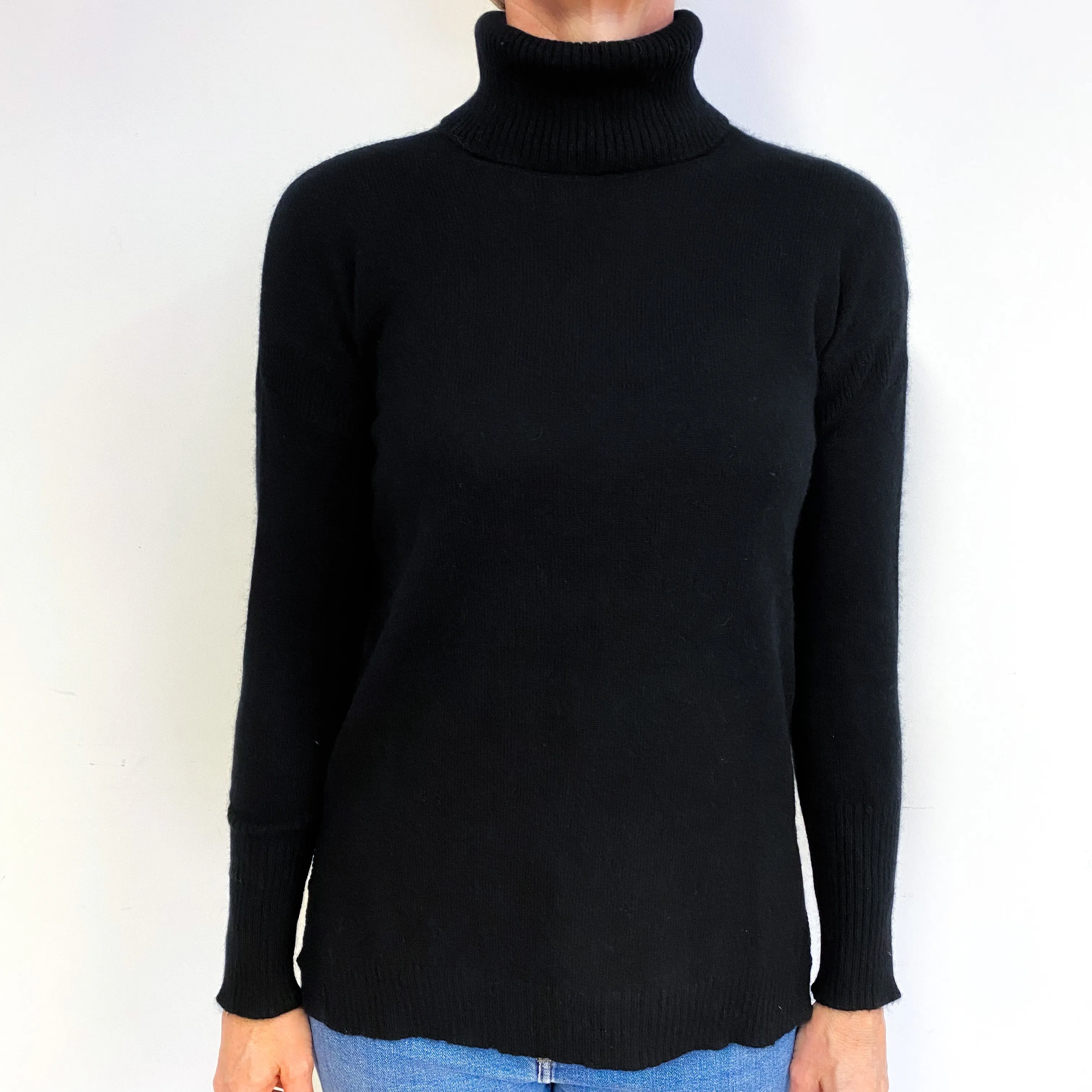 Black Split Hem Cashmere Polo Neck Jumper Medium