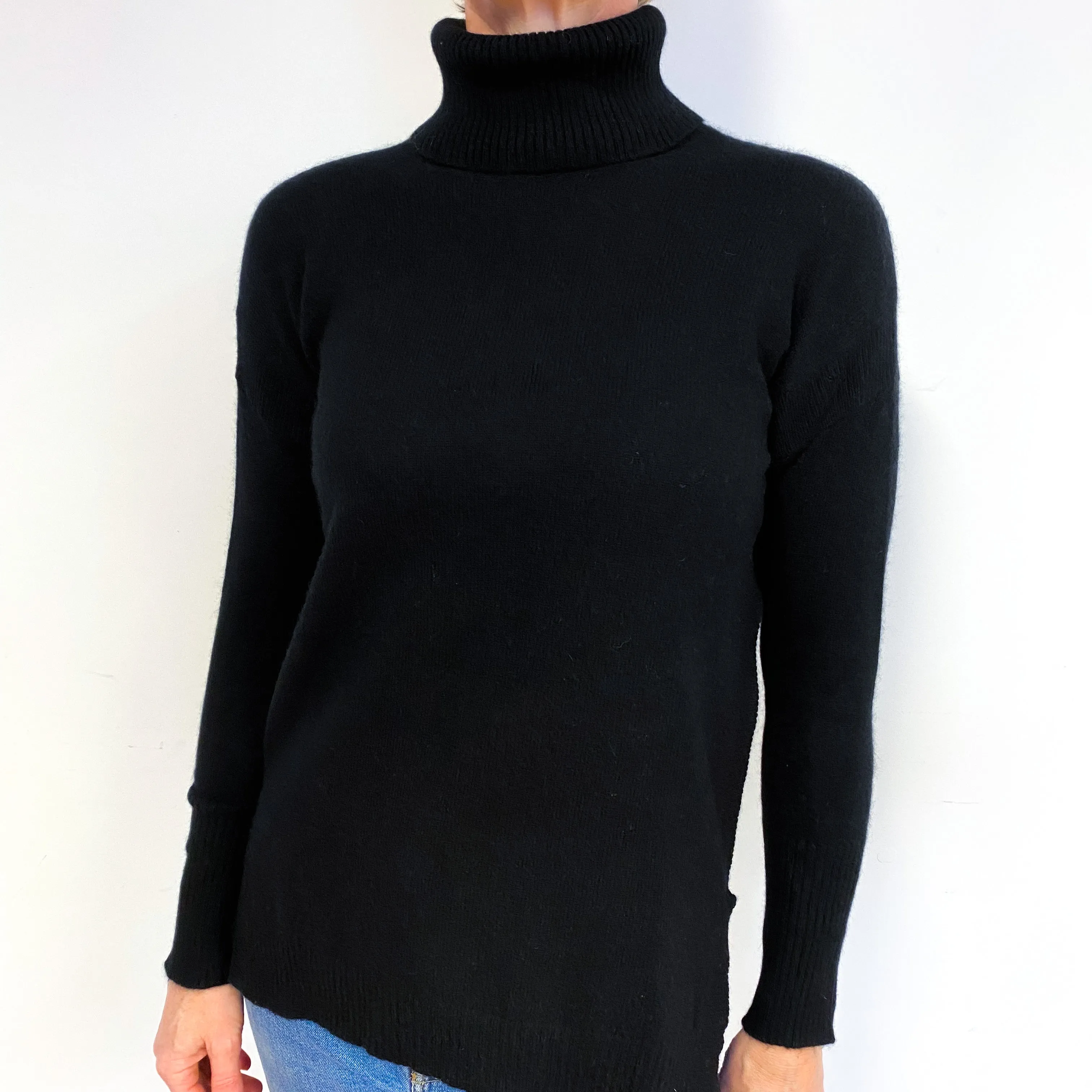 Black Split Hem Cashmere Polo Neck Jumper Medium