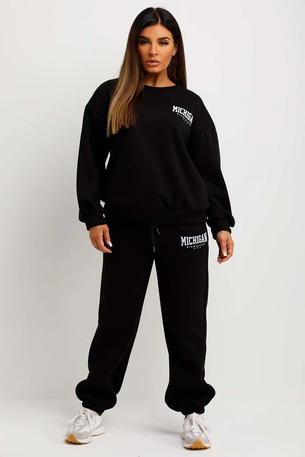 Black Sweatshirt And Joggers Tracksuit With Michigan Slogan