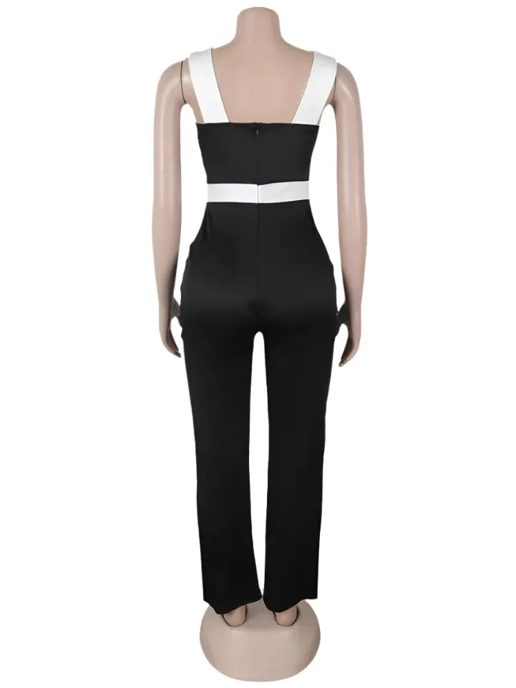 Black White Patchwork Wide legs Jumpsuit Women Sleeveless Cut Out Loose Rompers Elegant Evening Party One Pieces Outfits